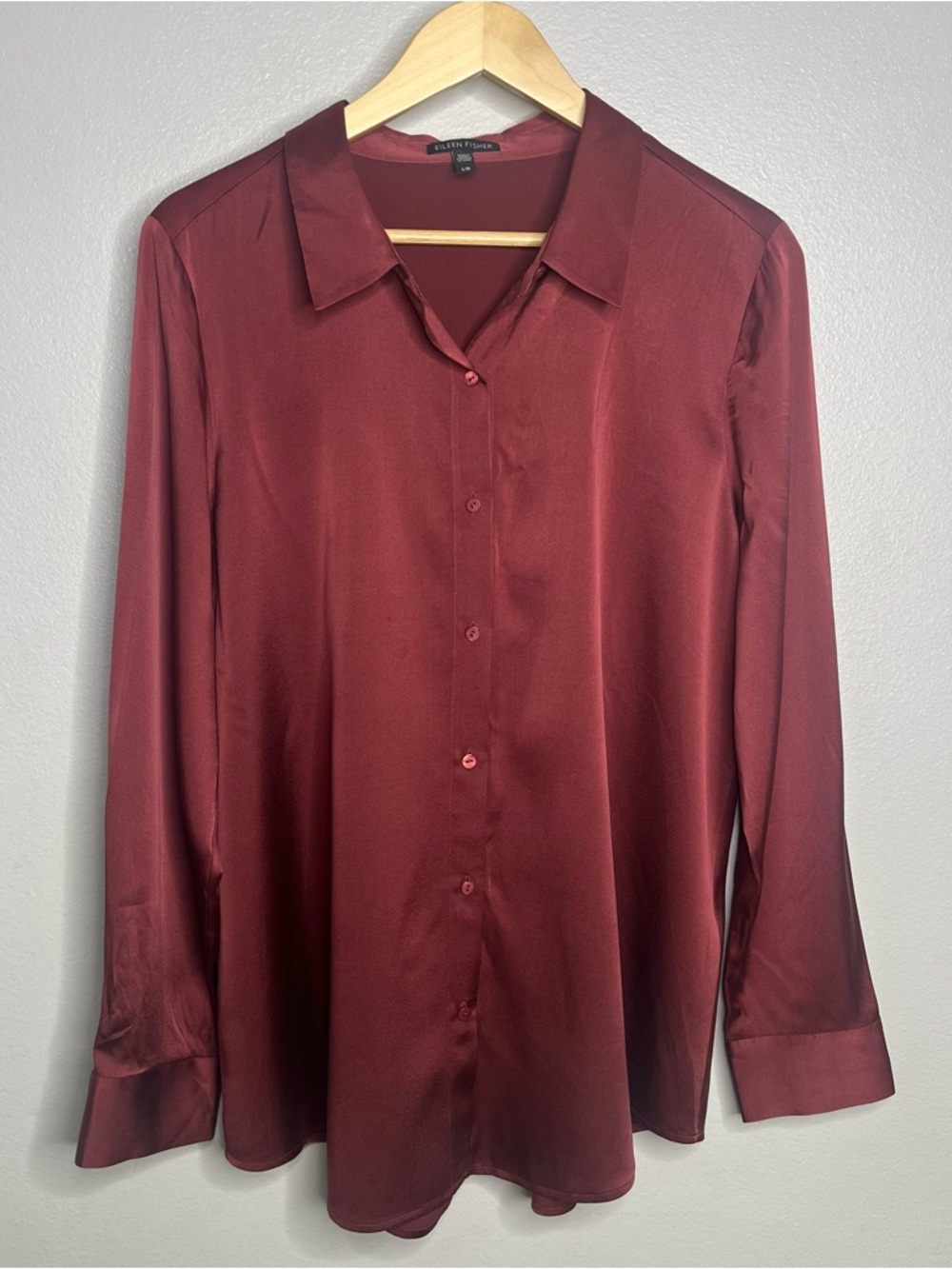 Eileen Fisher Silk Blend Blouse Button Front Long Sleeve Red Womens Size Large